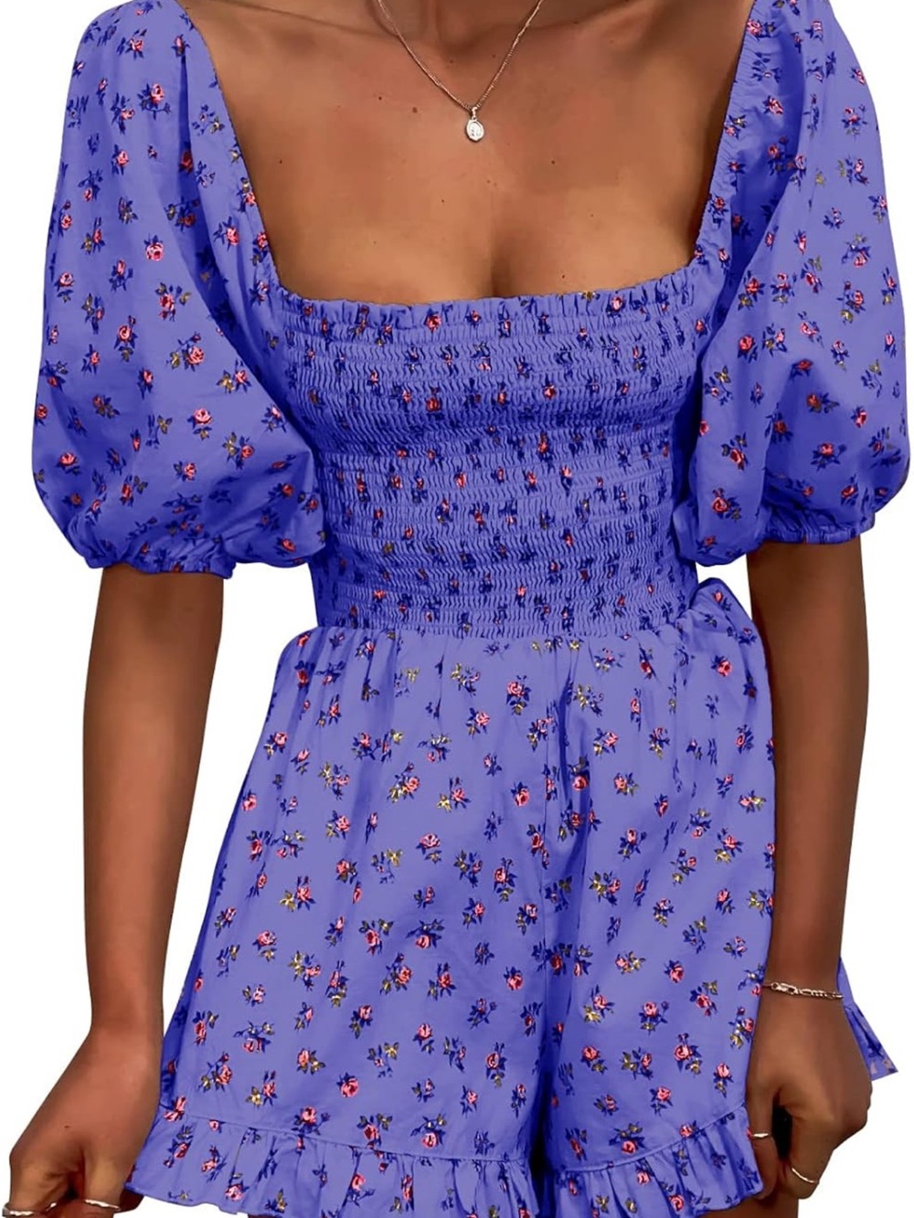 Floral Smocked Off-Shoulder Romper in Lavender